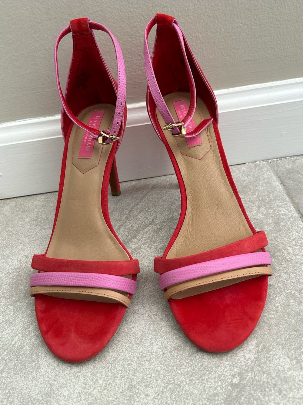 Isaac Mizrahi New York Red Suede Colorblock Ankle Strap Heels Size 8